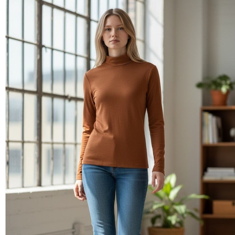 OGL Top Size S NEW ProWarm Turtleneck Long Sleeve Brami Caramel Brown